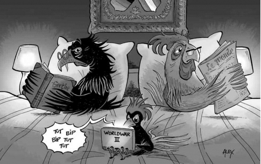 Karikatur von Vögeln im Bett: Zwei lesen Zeitungen, während ein kleiner Vogel ein Schild mit „Worldwar III“ hält.